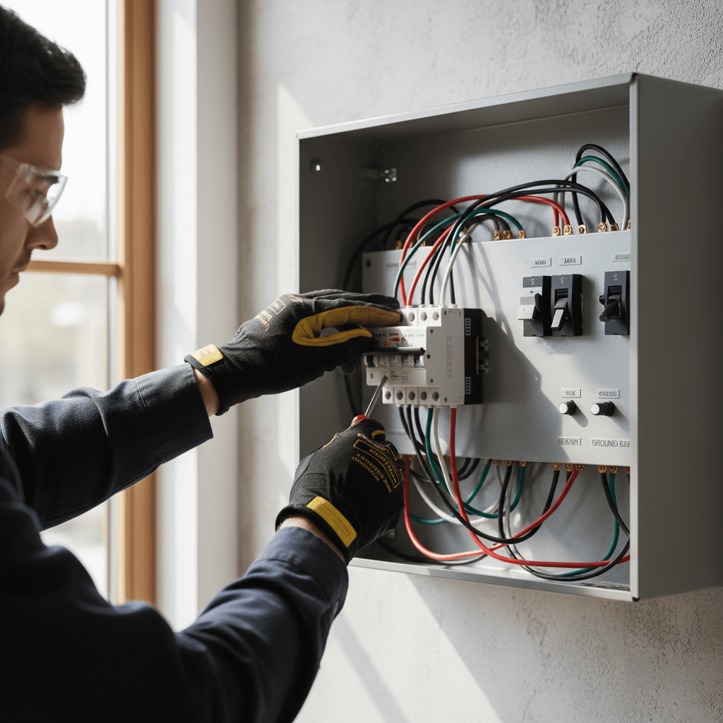 Professional electrician installing and working on electrical panel
